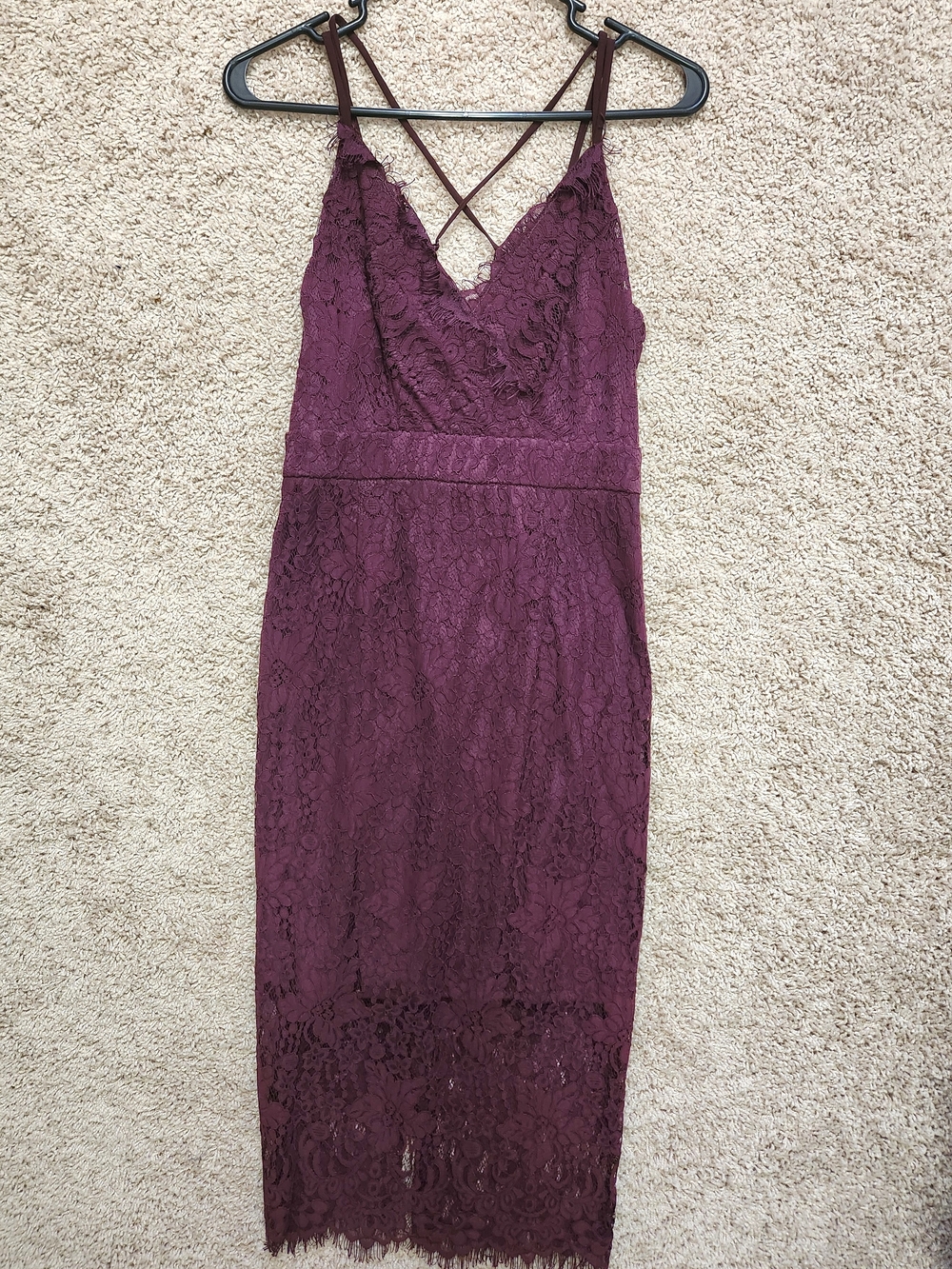 Soprano Plum Lace Midi Dress with Crisscross Straps